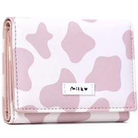 Favydov Cute Copmact Small Wallet for Women Girls Trifold Card Holder Mini Purse ID Window Cash Pocket Cow Print Pink