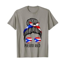 Puerto Rico Shirt Girls Women, Messy Bun Puerto Rican Flag T-Shirt