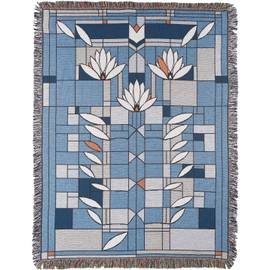 UNI-ART Frank Lloyd Wright(R) Waterlilies Throw Blanket - Blue Geometric & White Flowers, Fringed 50" x 70", 100% Cotton
