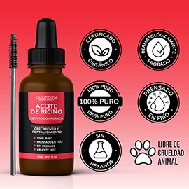 Quotidien Aceite de Ricino Puro Certificado Orgánico por OTCO | Castor Oil Prensado en Frío, Sin Hexanos | Estimula el Crecimiento y Volumen de Pestañ