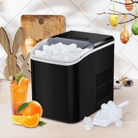 Countertop Ice Maker Machine, Basket and Handle, 9 Cubes in 6 Mins, 26.5lbs/24Hrs, 2 Sizes of Bullet Kitchen Utensils - Color: Black