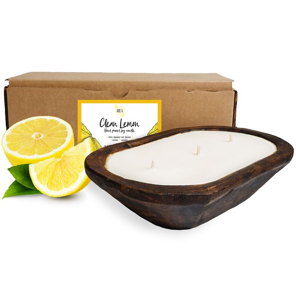 Aira Dough Bowl Candle - Organic, Kosher, Vegan, Hand Carved Wood Bowl Candle w/Aromatherapy Essential Oils - Hand-Poured 100% Soy Candle Wax - Paraffin Free, Long Lasting - Clean Lemon - 13 Ounces