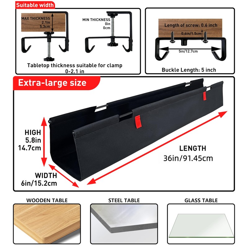 AVEKO No Drill Under Desk Cable Management Tray, 36" Desk