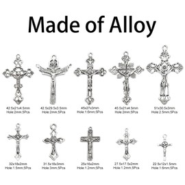 Stiesy 50Pcs 10 Styles Vintage Cross Crucifix Charms Tibetan Silver Jesus Charms Antique Style Easter Religious Christian Dangle Charms for Crafts Jewelry Making