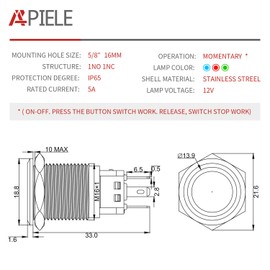 APIELE 16mm Momentary Black Push Button Switch On Off with 12V LED Angel Ring Head for 16mm 0.63" Mounting Hole with Wire Socket Plug Self-Reset (Blue/Black Shell)