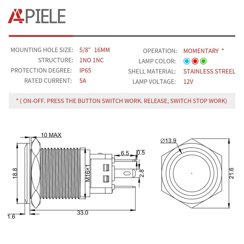 APIELE 16mm Momentary Black Push Button Switch On Off with