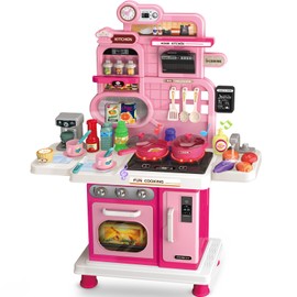 Play Kitchen Set, Kids Kitchen Playset with Realistic Sound & Light, Cooking Stove, Sink, Play Food and Accessories, 57 Pcs Kitchen Toys Gifts for Toddlers 2-4 3-5 Girls (Pink)