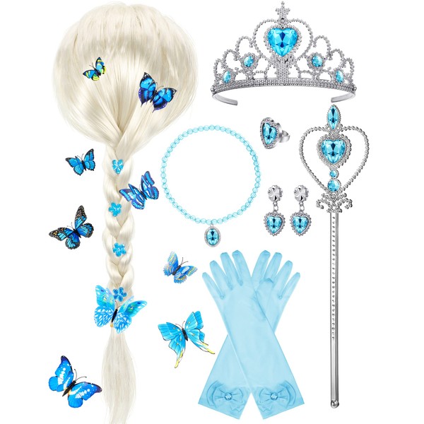 Princess Dress Up Wig with Butterfly Pin Princess Dress Up Accessories Include Gloves Tiara Crown Wand Necklaces Rings Earrings for Party Favors Birthday Pretend Play (Fresh Color)