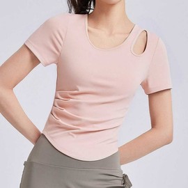 Side Shirring Shoulder Cut-out Short Sleeve Athletic Top for Gym & Yoga Gym Wear Pastel Pink/L