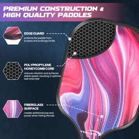 Vsmooth Pickleball Paddles Set of 2 Fiberglass Surface Pickleball Set with Pickleball Rackets, 4 Pickleball Ball, Pickleball Bags for Gifts Lightweight Honeycomb Core & Anti Slip Sweat Absorbing Grip