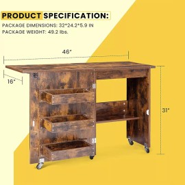 Unbranded Folding Sewing Machine Table Multipurpose Cabinet with Storage Shelves on Wheels - Rustic Brown