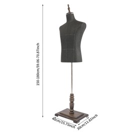 ZERNEIL Mannequin Body Torso Dress Form, Male Mannequin with Retro Solid Wood Stand, Linen Surface Half Body Model Adjustable Height Torso Body for and Display & Sewing (Thick Linen(Black))