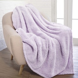 PAVILIA Plush Sherpa Throw Blanket for Couch Sofa | Fluffy Microfiber Fleece Throw | Soft, Fuzzy, Cozy, Shaggy, Lightweight | Lavender Purple Blanket | 90 x 90 Inches