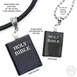Holy Bible Clay Mini Book Bead Pendant Necklace Cord Chain Clasp Extender Unisex