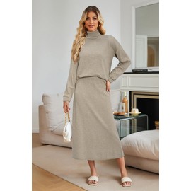 Arach&Cloz Womens Fall Fashion 2024 2 Piece Sweater Dress Sets High Neck Long Sleeve Lightweight Tops Long Maxi Bodycon Skirt Casual Winter Outfits (Light brown-XL)
