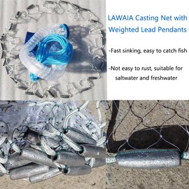 Lawaia Cast Net with Lead Sinkers Fishing Throw Nets Hand Castnet Shrimp Bait Traps 1/2 inch Mesh for Freshwater Saltwater with 3ft Radius