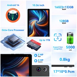 ZOFYWNAS Tablet,10.36 inch Android 14 Tablet, 16GB RAM and 128GB ROM,8-Core HD Display 5000mAh Long Battery,Dual Camera,1TB Expandable Slim Lightweight,Black