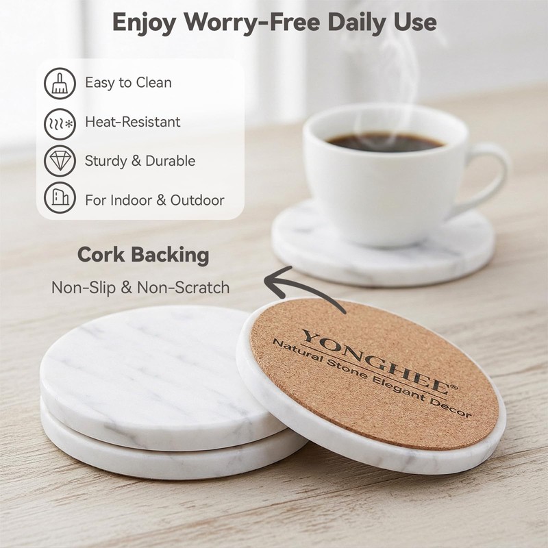YONGHEE Soft White Marble Coasters Set of 8, Modern Elegant