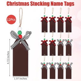 12Pcs Christmas Stocking Name Tags 2 Colors Bows with Wood Beads Stocking Tags Wood Christmas Decorations for Xmas Closet Home Farmhouse Hanging Decoration