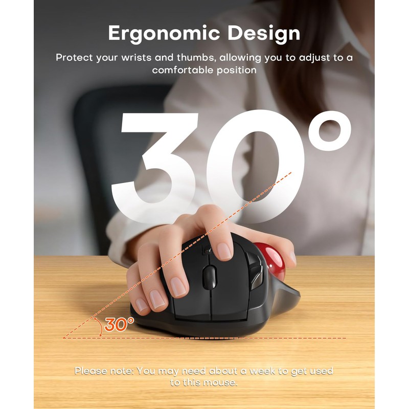 Omikamo Ergonomic Wireless Trackball Mouse, Bluetooth & 2.4G, Red