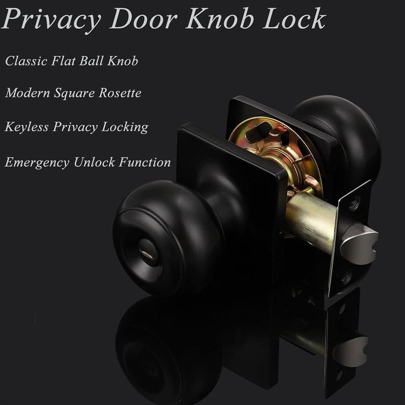 Probrico Black Privacy Door Knobs, Bathroom/Bedroom Square Door Knobs with