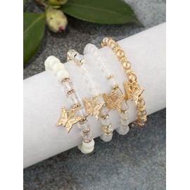 Bohemian Bracelets for Women Gold Beaded Stackable Stretch Bracelet Set Butterfly Elastic Multilayer Colorful Charm Bracelets Summer Beach Jewelry - Beige