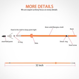 YLS 6Pcs 32 inch Bowfishing Arrows Fiberglass Solid Arrows with Fish Hunting Broadhead for All Bows Fishing Huntings