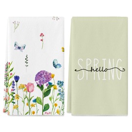 Siilues Spring Summer Kitchen Towels Set of 2, 18x26 Inch Spring Dish Towels Flower Spring Decor Hand Towels Seasonal Summer Decorations for Home Drying Dishcloth (Green)