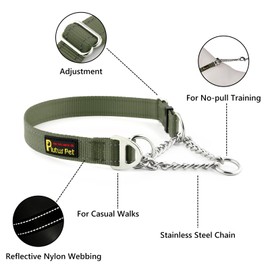 Plutus Pet Martingale Dog Collar with Stainless Steel Chain and Reflective Nylon, Adjustable No Pull Training Collar, for Small Medium, and Large Dogs, Ranger Green, M