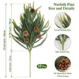 N&T NIETING 24in Christmas Norfolk Pine Stems Real Touch Artificial Norfolk Pine Branches with Pine Cones Stems Faux DIY Greenery Pine Picks for Xmas Indoor Outdoor Home Décor(10 Pcs)