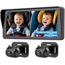 Dual Baby Car Camera for 2 Kids - 6.9'' Split Screen Ultrawide HD Display with Two Cameras, Easy Setup, Rotatable Night Vision Cameras, Ideal for Parents, Grandparents, Safe & Clear Viewing