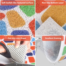 Corner Shower Mat for Inside Shower 60 x 60cm,Non Slip Anti Mould Loofah Shower Mats for Corner Shower, Colorful Stones Curved Bath Mat with Drain for Wet Area,Quick-Drying PVC Bathtub Mat (CHQ-11)