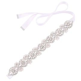 Fubney Bridesmaid Sash Crystal Rhinestone Bridal Belt Wedding Belt with ribbon Women Dress Accessories (Sliver-white)