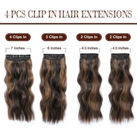 Hair Extensions Clip in 4PCS Dark Brown Mix Highlights 20Inch Hair Extension Long Wavy Full Head Clip in Hair Extension Synthetic Fiber Hair Pieces for Women