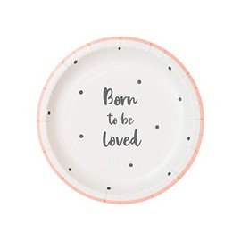 Talking Tables Pack of 12 Cute Baby Shower Paper Disposable Fully Recyclable 17.5cm, Pink Born to BE Loved Small Plates 12PK