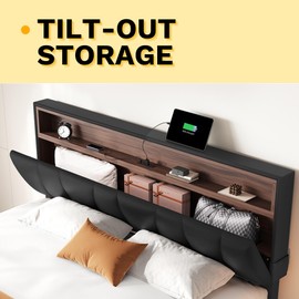 DWVO Full Size Bed Frame with Storage Headboard, Upholstered Bed Frame with LED Lights, Platform Bed with Charging Station, No Box Spring Needed, Easy Assembly, Black