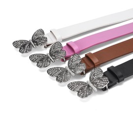 BSJIA Womens Belts for Jeans Dresses Fashion Silver Rhinestone Butterfly Buckle Belt Black Brown Pink Off White, Dark Buckel White, Fit Waist Size Under 36 Inches