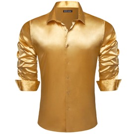 Barry.Wang Mens Gold Silk Satin Dress Shirts Shiny Luxury Champagne Gold Long Sleeve Button Down Shirts Formal Casual Disco