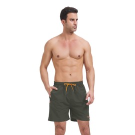 Ougelebo Men's Swimming Trunks with Zip Pocket, Quick-Drying, Army Green
