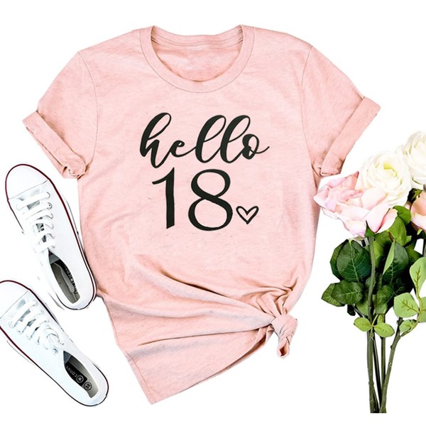 HEYO Women 18th Birthday Hello 18 Shirt Pink, Medium