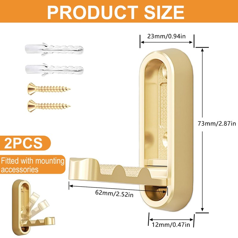 ZcrPrn Foldable Wall Hook, Hanger Hooks, 2 Pcs Gold Heavy