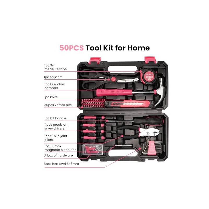 50-Piece Pink Tool Set for Women, Household Small Tool Set