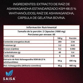 Suplemento Antiestres Ashwagan 120 Cáps 500 Mg Ksm-66 Sin Sabor