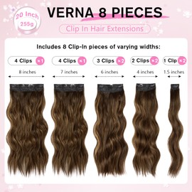 Hair Extensions for Women, 8PCS 20Inch Dark Brown Curly Clip in Hair Extensions Mix Blonde, Synthetic Long Wavy Clip Ins, Full Head Thick Hairpieces for Women