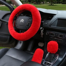 6 Pcs Fluffy Steering Wheel Cover for Women, Fuzzy Car Accessories Armrest Covers Center Console Handbrake Seat Belt Cover Shoulder pad Gear Shift Cover Decoration (red)