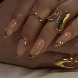 Gold French Tip Press on Nails Almond Fake Nails Medium French Tip Acrylic Nails with Pearl Designs 3D Gold Edge False Nails Glossy Nude Glue on Nails Reusable Stick on Nails for Women Decoration