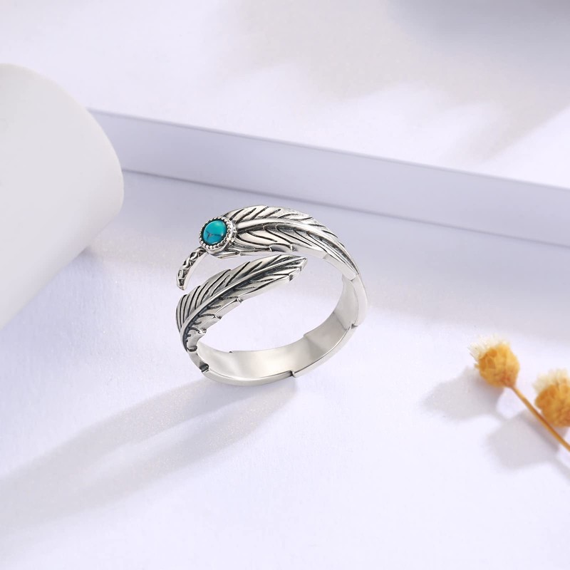 MANBU Sterling Silver Turquoise Feather Ring Earrings Women Men Feather