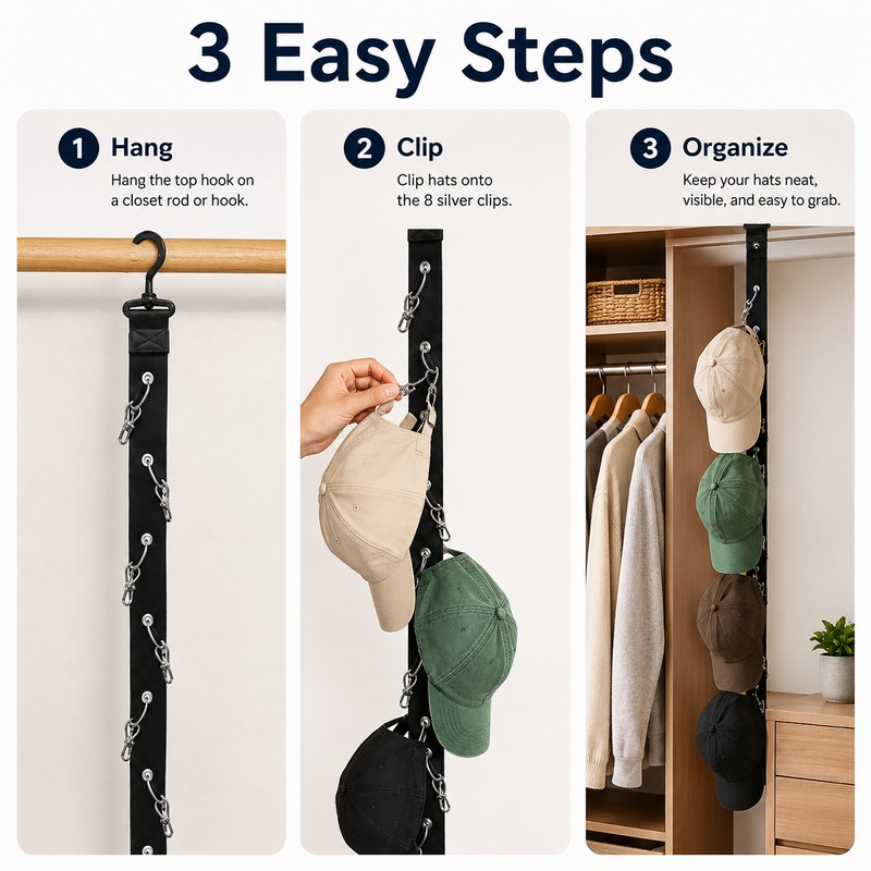Hat Organizer for Closet Storage – 8-Clip Hanging Rack for