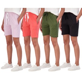 Real Essentials - Paquete de 4: Bermudas largas de 7 pulgadas con bolsillos, pantalones cortos de cintura alta para mujer, entrenamiento atlético (disponible en Plus), Conjunto 3, X-Large