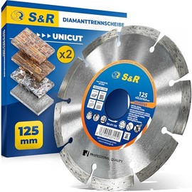 S&R Professional Diamond Cutting Disc 125 x 22.23 mm UNICUT – 2-Piece Set for Angle Grinders | Concrete, Natural Stone, Brick, Masonry | Dry Cutting | Long Service Life
